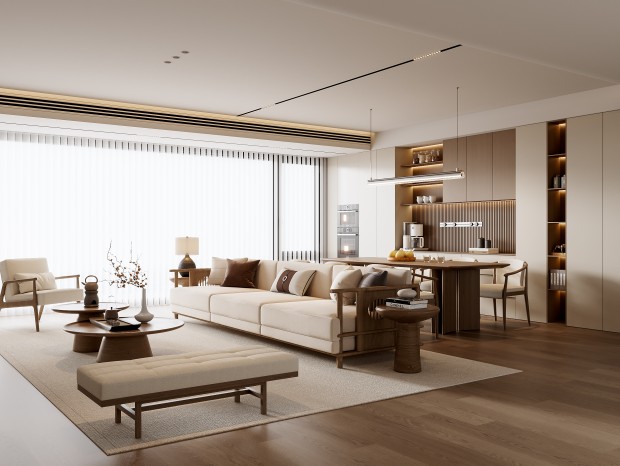 Designer sideboard units and high-end cabinetry maximizing spatial efficiency in a luxury residential living area.