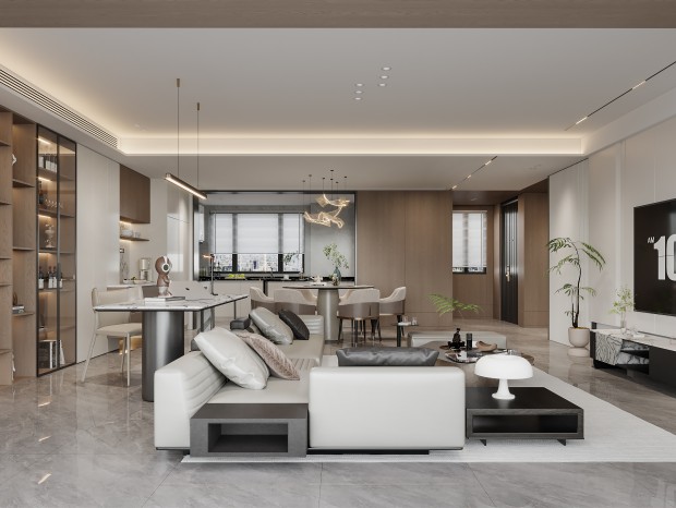 Living room storage credenzas featuring custom built-in cabinetry and warm neutral wood tones.