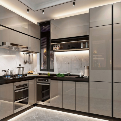 Глянцевые серые кухонные шкафы