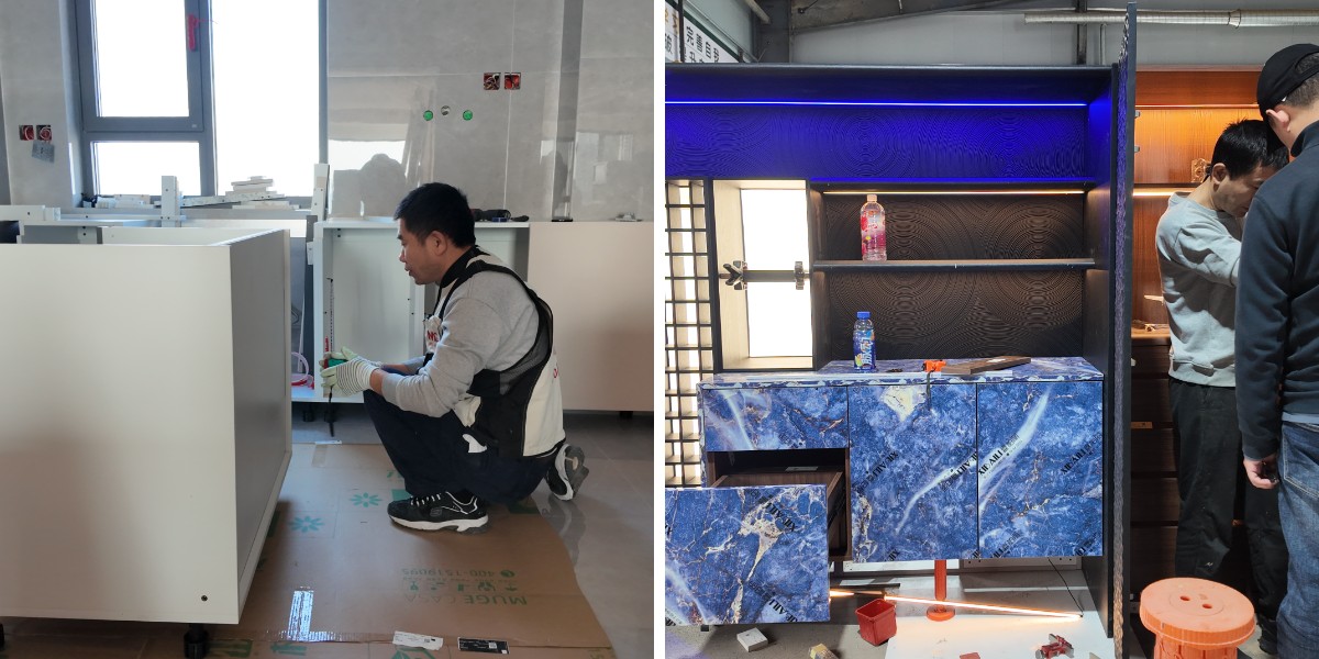 Кухня с темно-зелеными кухонными шкафами