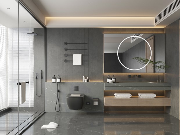 Customized sanitary cabinetry design for modern bathroom interiors with professional space optimization.