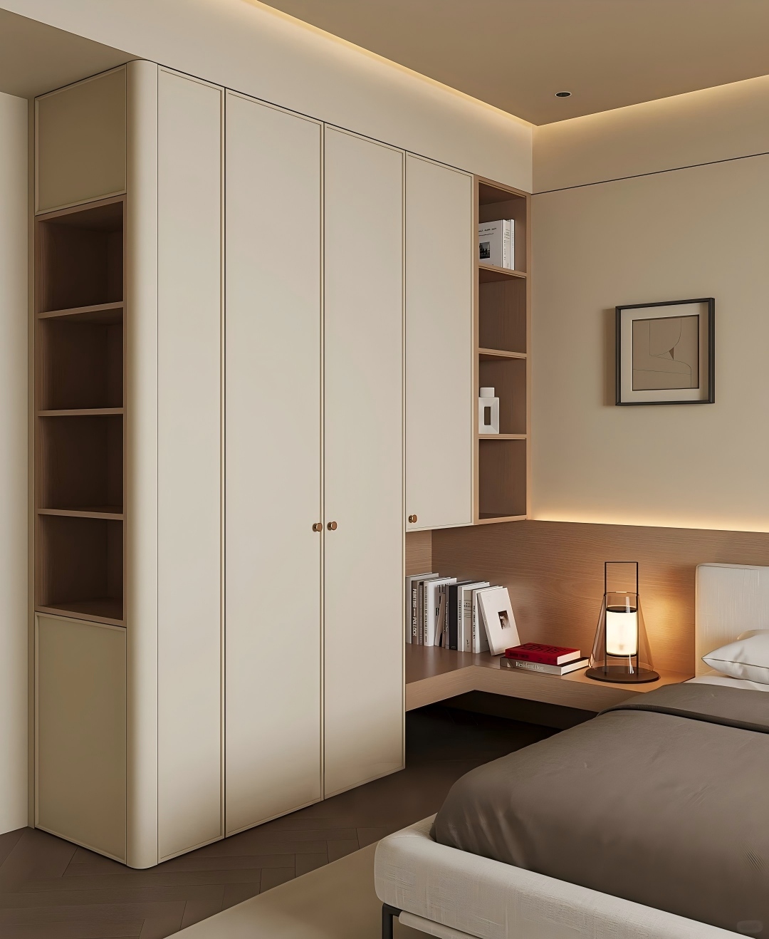 Modern minimalist bedside table with custom bedroom storage solution and nightstand design.