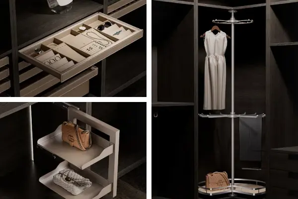 Funktionale Kleiderschrank-Accessoires für moderne weiße Kleiderschränke, Luxus-Begehbare-Kleiderschrank-Organisationssysteme mit Drehregalen und Schmuckablagen.