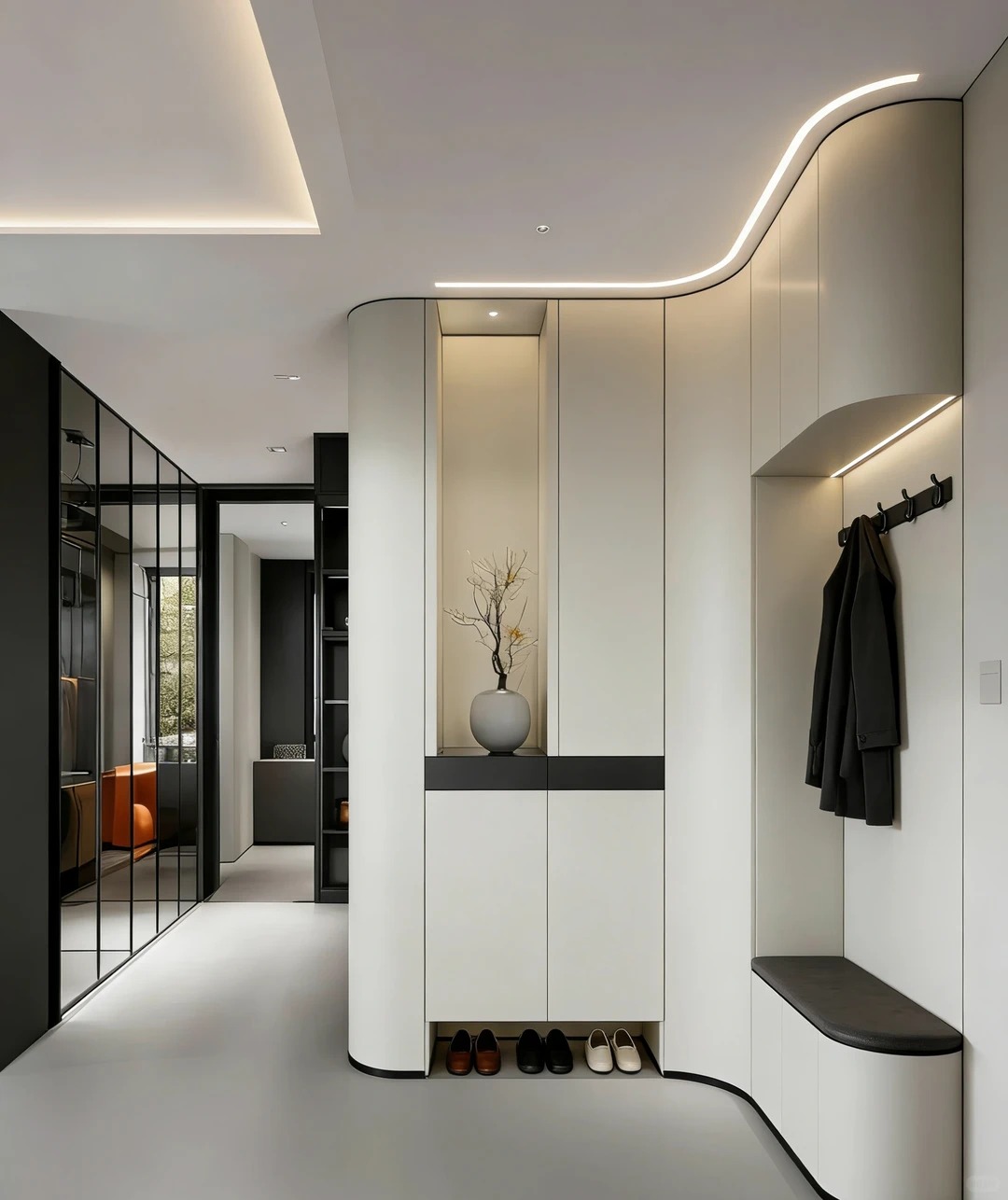 Armoire d'entrée moderne sur mesure avec rangement à chaussures intégré et banc pour des entrées organisées.