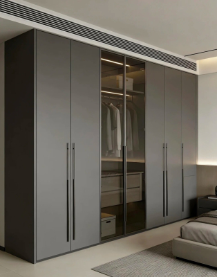 Design armadio minimalista nero con sezione centrale vetrata per camere da letto residenziali di alta gamma