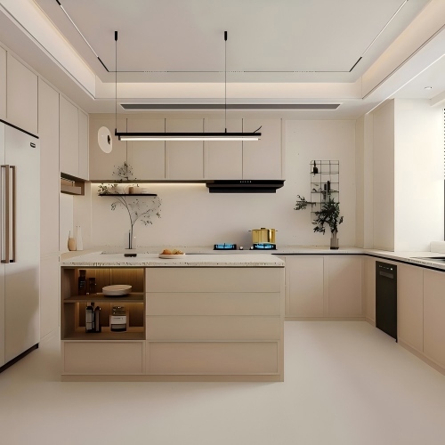 Detalle de gabinete de cocina de grado comercial que muestra acabado y herrajes de alta calidad