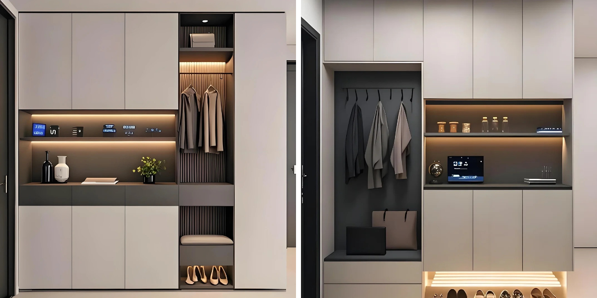 Customized hallway cabinetry featuring high-end hardware, organized shoe storage, and precision-engineered shelving Customized hallway cabinetry featuring high-end hardware, organized shoe storage, and precision-engineered shelving