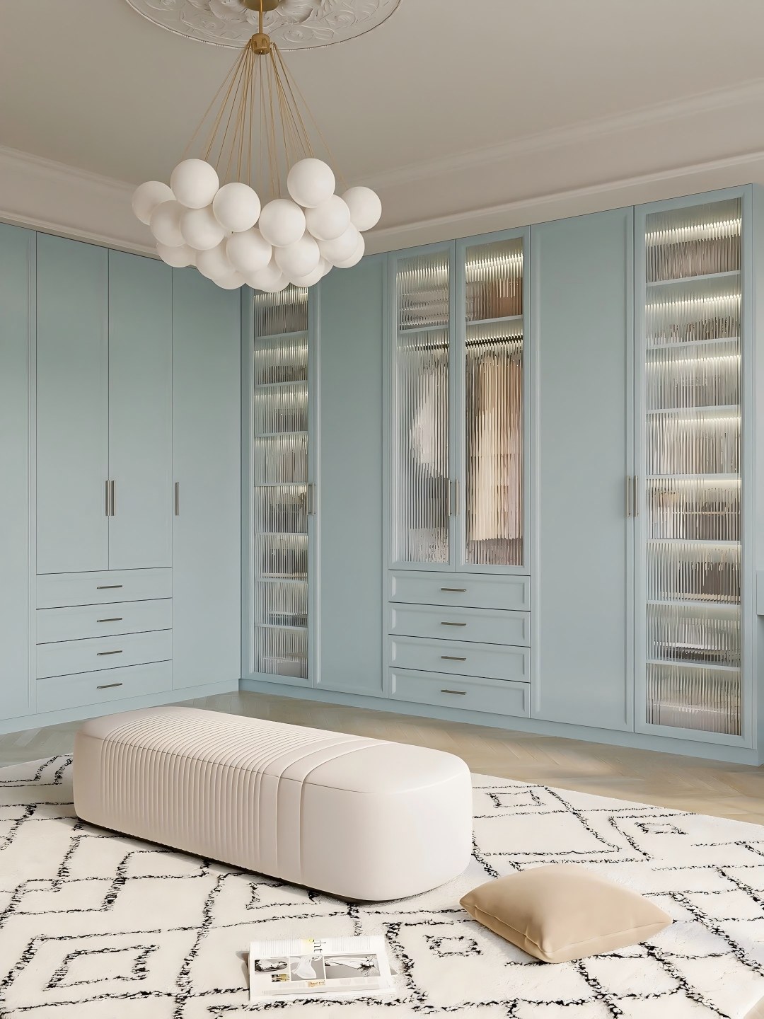 Armario empotrado de lujo en azul claro y diseño de vestidor interior