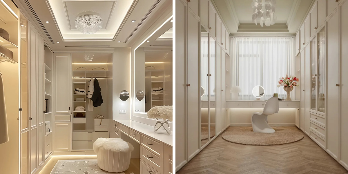 Modern white wardrobe luxury walk in closet organization system with integrated dressing vanity table and premium modular cabinets. Modern white wardrobe luxury walk in closet organization system with integrated dressing vanity table and premium modular cabinets.