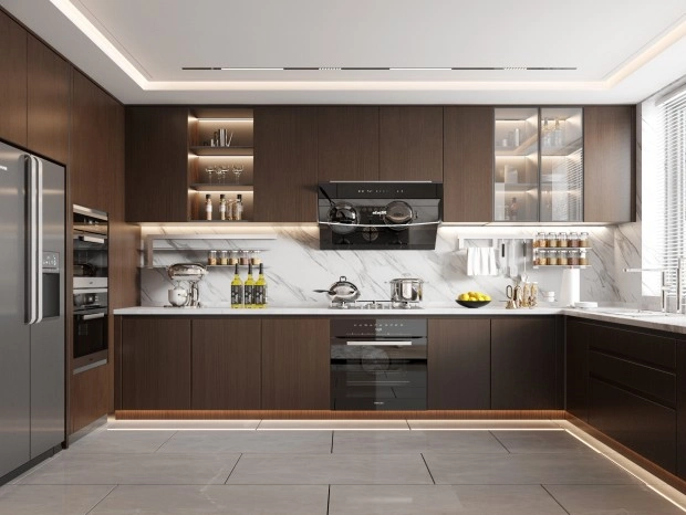 Unidades de cozinha minimalistas em madeira de dois tons com zona de cozedura integrada premium