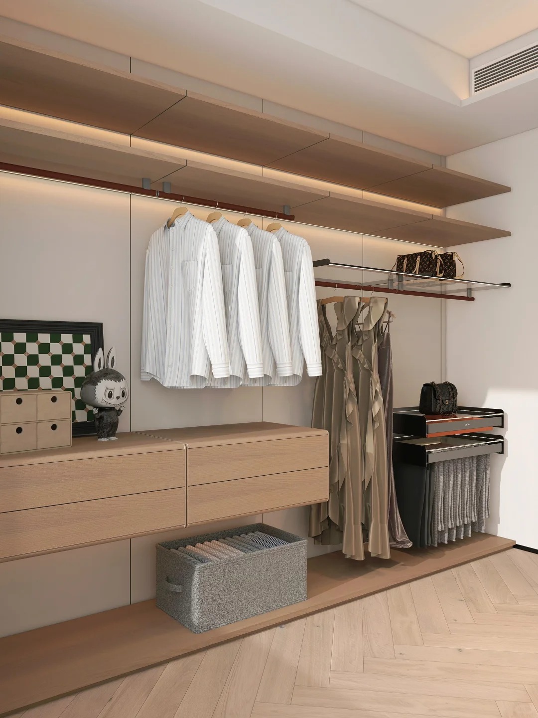 Contemporary customized storage casework highlighting modular hanging units, pull-out trouser racks, and streamlined architectural finishes.