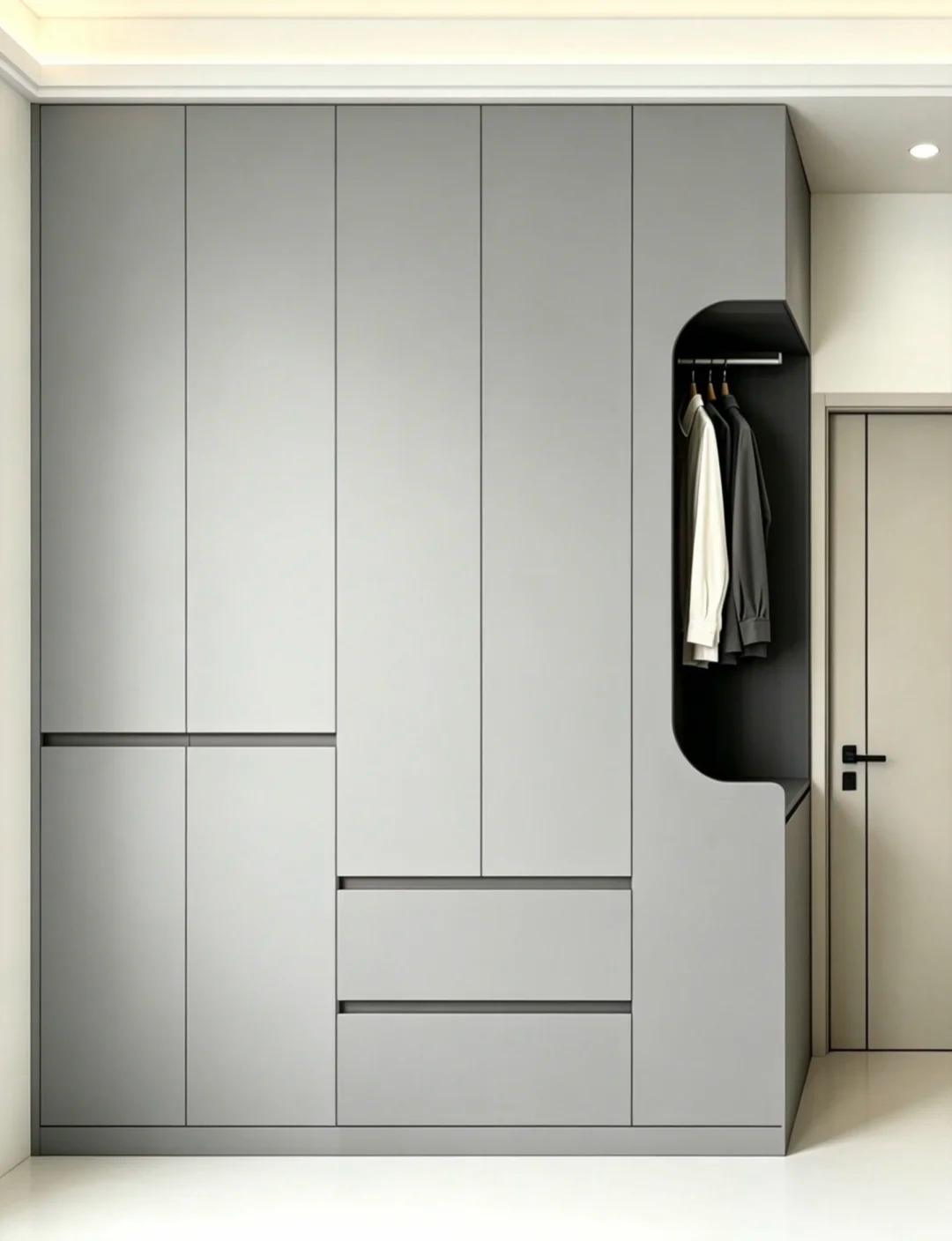 Modern light grey wardrobe with open hanging space and custom drawers for minimalist bedrooms.