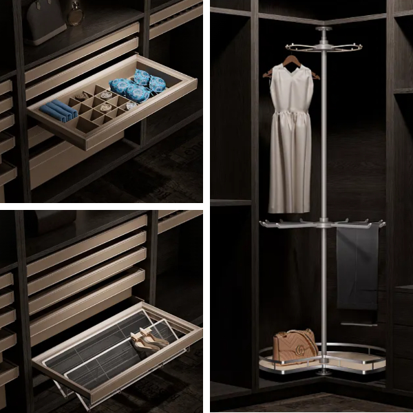 Custom wardrobe interior with smart pull-out organizers and integrated storage accessories Custom wardrobe interior with smart pull-out organizers and integrated storage accessories