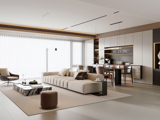 Minimalist living room sideboards integrated into a modern open-concept interior layout with clean flat-panel surfaces.