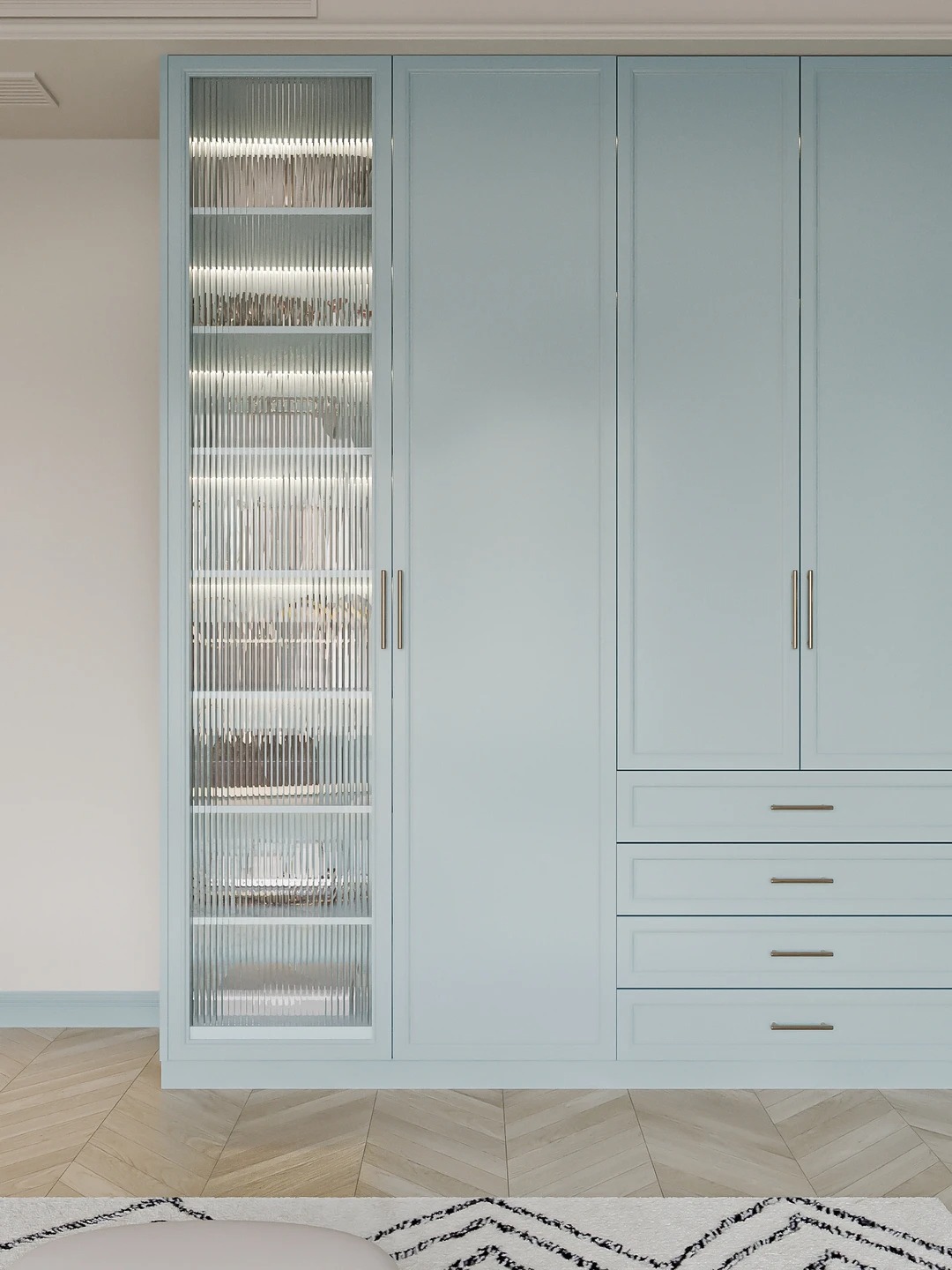 Vestidor azul contemporáneo para dormitorio con puertas de vidrio y cajones
