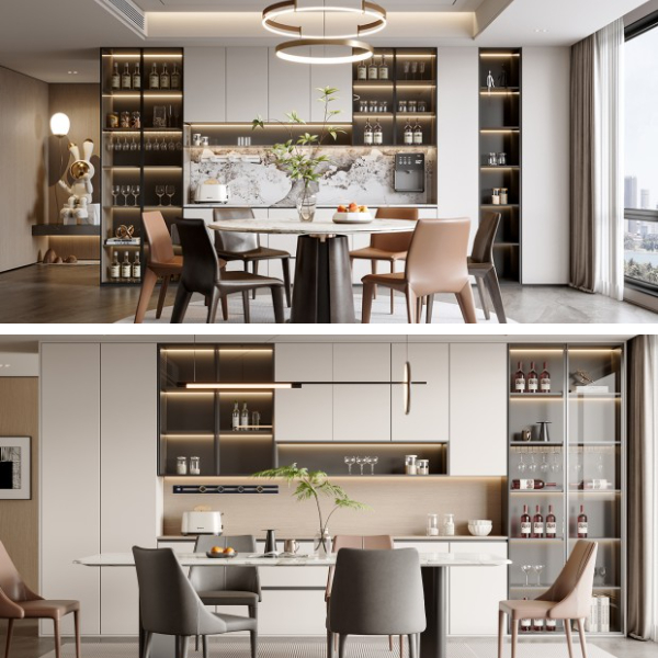 Diseño moderno de armario de cocina beige con puertas de panel plano y vidrio Diseño moderno de armario de cocina beige con puertas de panel plano y vidrio