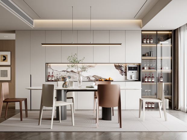High-end custom integrated storage modules tailored for modern dining room design and architectural spatial continuity.