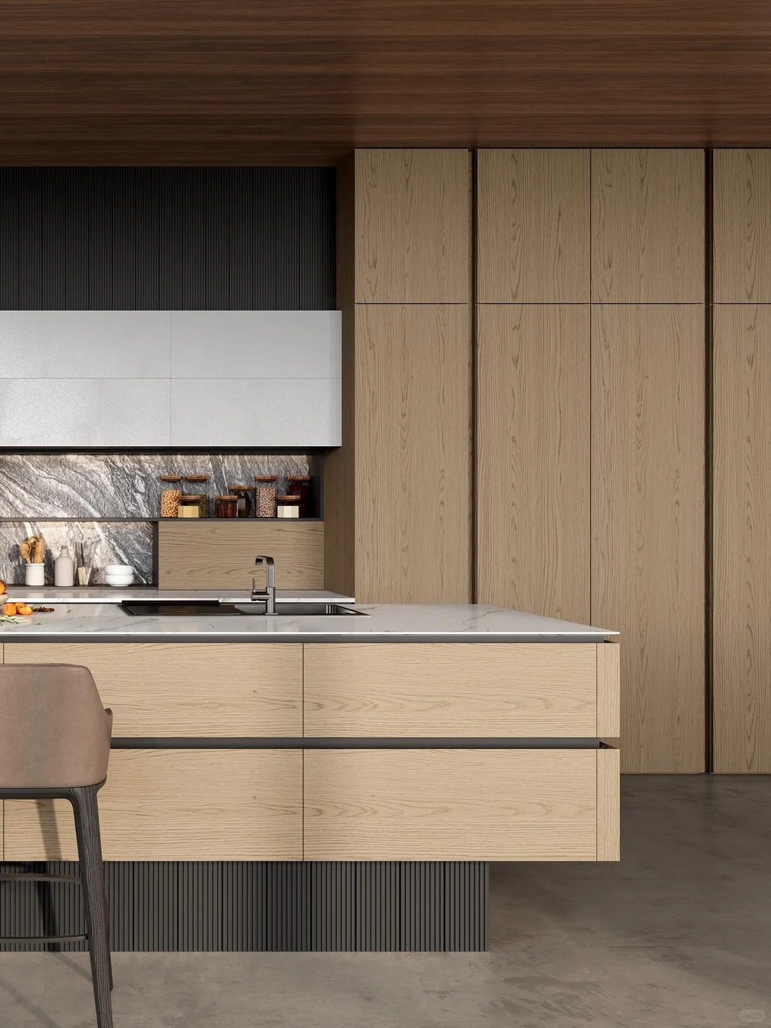 Custom wood-tone flat-panel cabinetry featuring high-end hardware, perfect for modern residential and commercial interior design solutions.