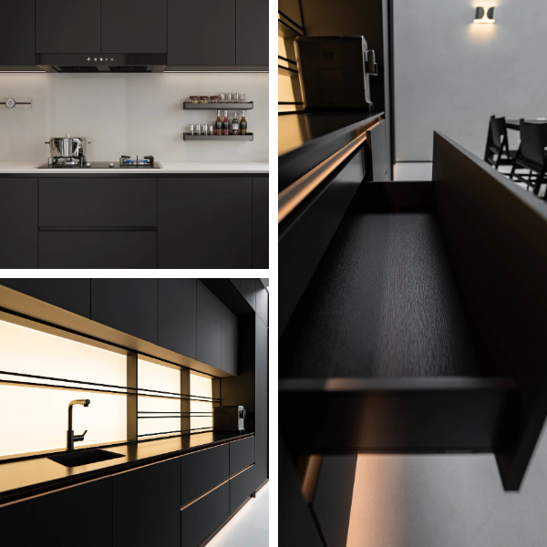 desain lemari dapur gaya shaker tanpa pegangan matte hitam modern