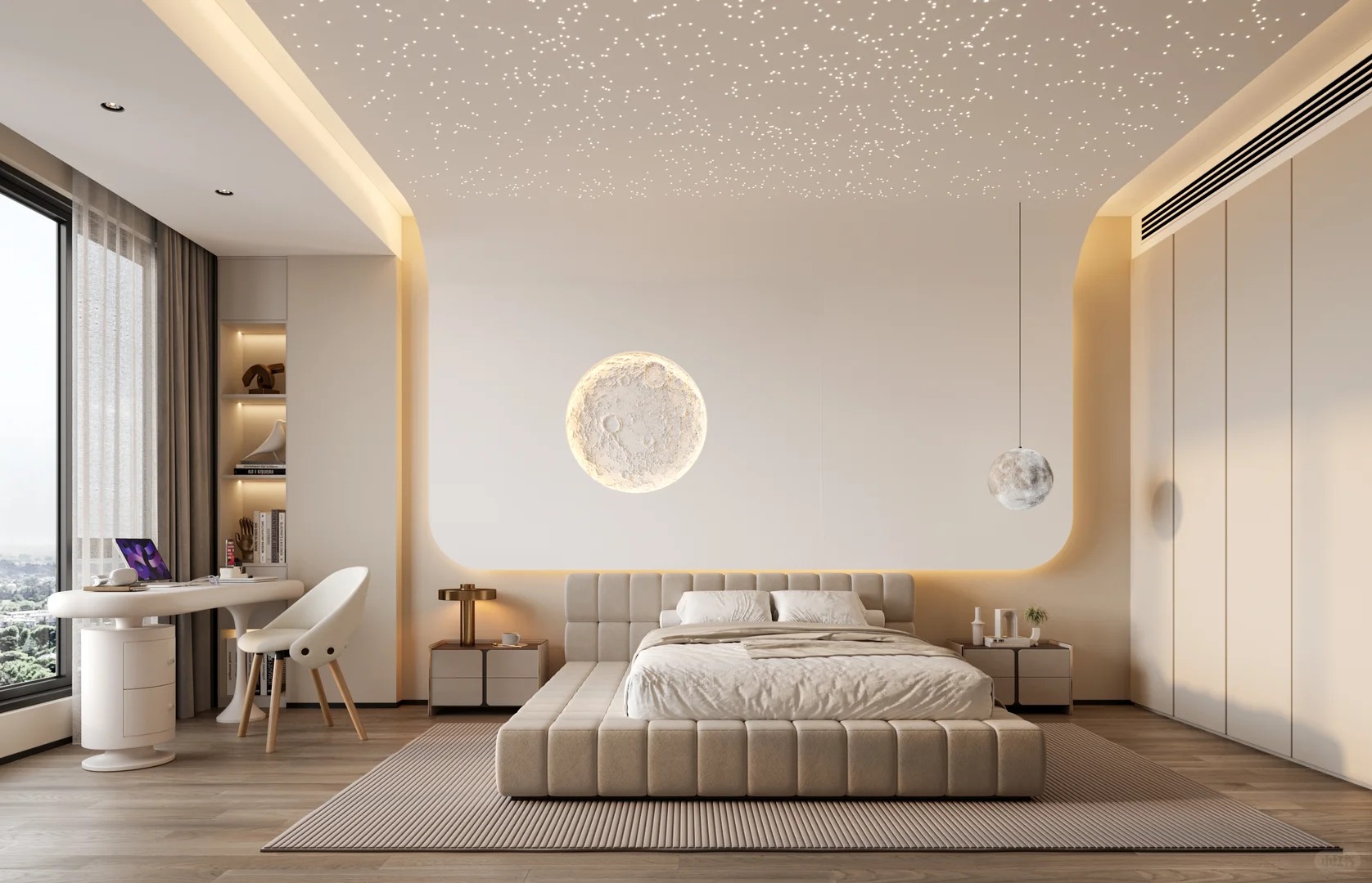 Modern custom bedroom design with integrated wardrobe and luxury interior layout
