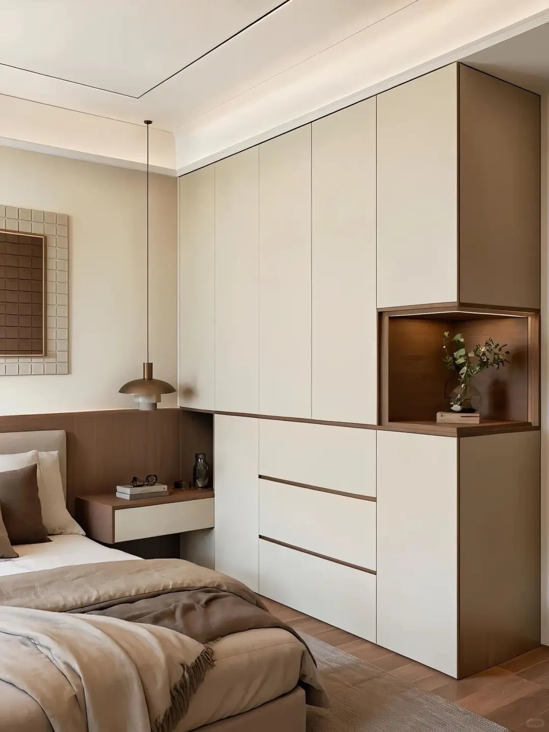 Moderner minimalistischer beiger Kleiderschrank-Hersteller mit matten Paneelen und integriertem Nachttisch-Design