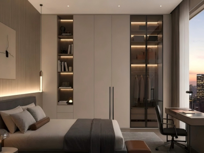 Minimalistischer grauer Kleiderschrank mit integriertem intelligentem Stauraum-Design – Herstellung